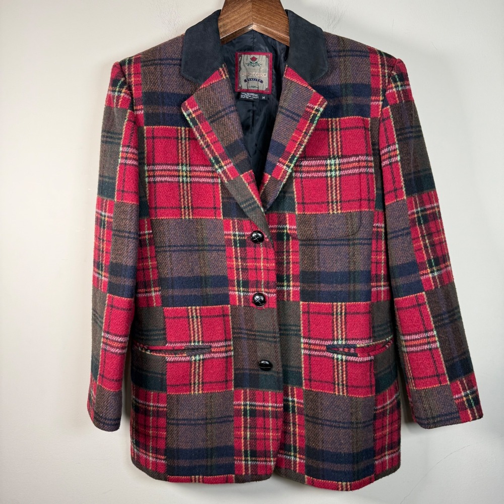 Vintage Ventara Mixed Pattern Leather Collar Wool Blend Blazer Medium